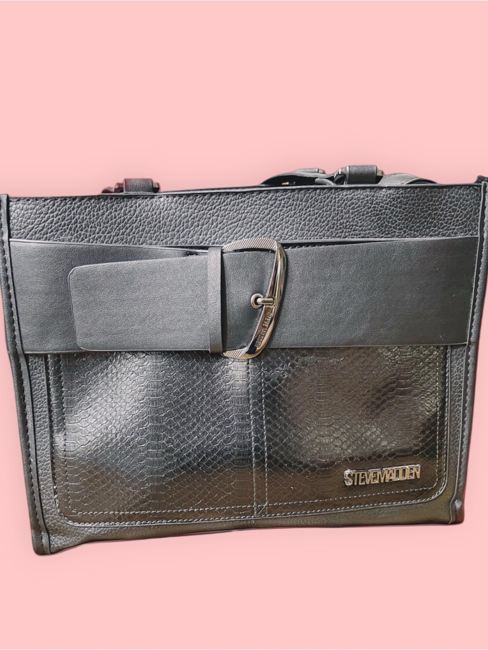 Steve Madden Black Leather Briefcase with Textured Front and Buckle